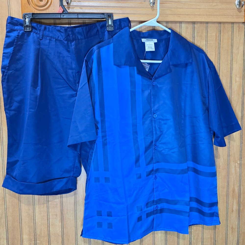 Mason Signature Men 2 Piece Outfit Set Blue Button Up Shirt & Shorts Sz L